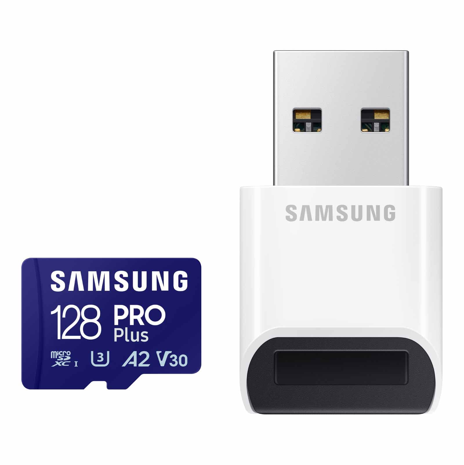 SAMSUNG PRO Plus microSD Memory Card + Reader, 128GB MicroSDXC, Up to 180 MB/s, Full HD & 4K UHD, UHSI, C10, U3, V30, A2 for An