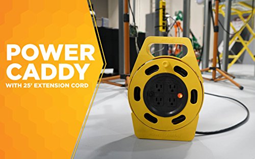 Woods 2801 Extension Reel With Four 3 Prong Power Outlets; Heavy Duty Retractable Cord; User Friendly; Made Of Flame Resistant Materials; 10 Amp Circuit Breaker; 25 Foot; Yellow; Orange