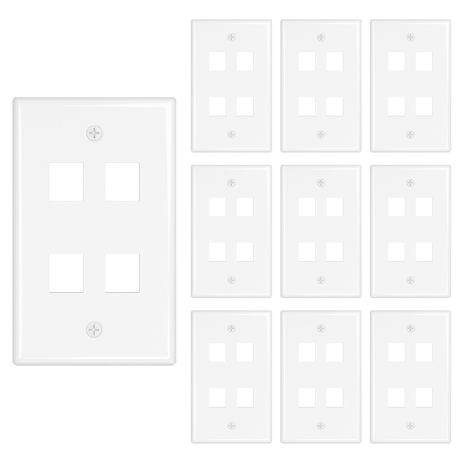 Iwillink 4 Port Keystone Jack Wall Plate 10 Pack, Low Profile Ethernet Wall Plate Single Gang Wall Plates For Keystone Jack, Whi