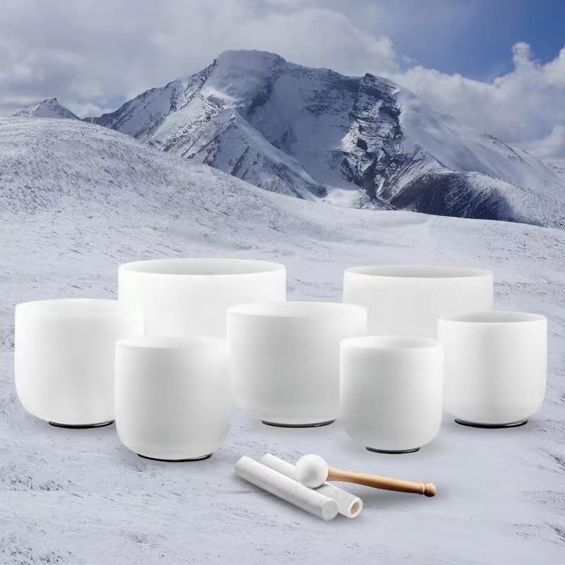 Kresec 7 Chakra 432Hz Crystal Singing Bowl Set   6 12 Inch Frosted Quartz Sound Therapy Bowls For Meditation, Yoga & Reiki   Inc