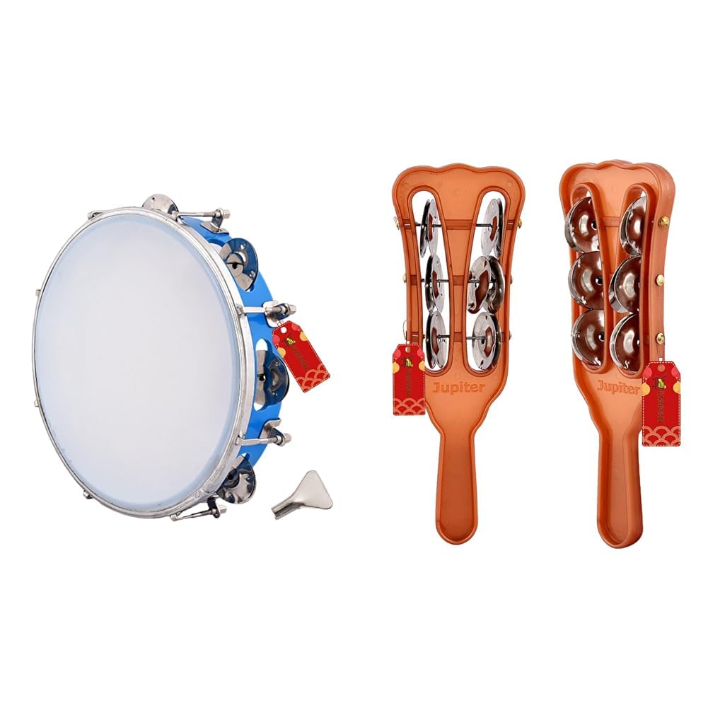 UAPAN Dafli Musical Instrument (10 inch Hand Percussion, Blue) & UAPAN Plastic Taal Kanjira/Kartal Musical Instrument for Kirtan