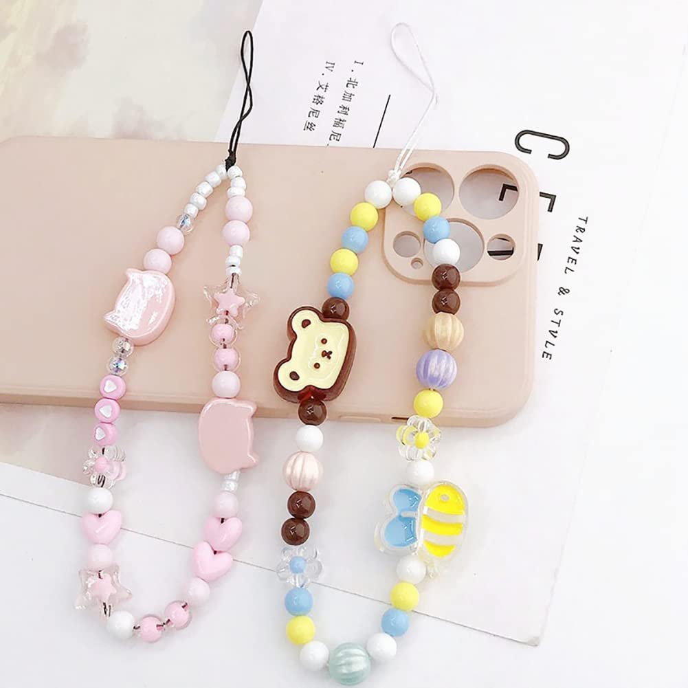 Oautosjy Mobile Phone Chain Strap Cute Kitten Head Star Flower Heart Beaded Phone Case Charm Beaded Mobile Phone Lanyard Wrist S