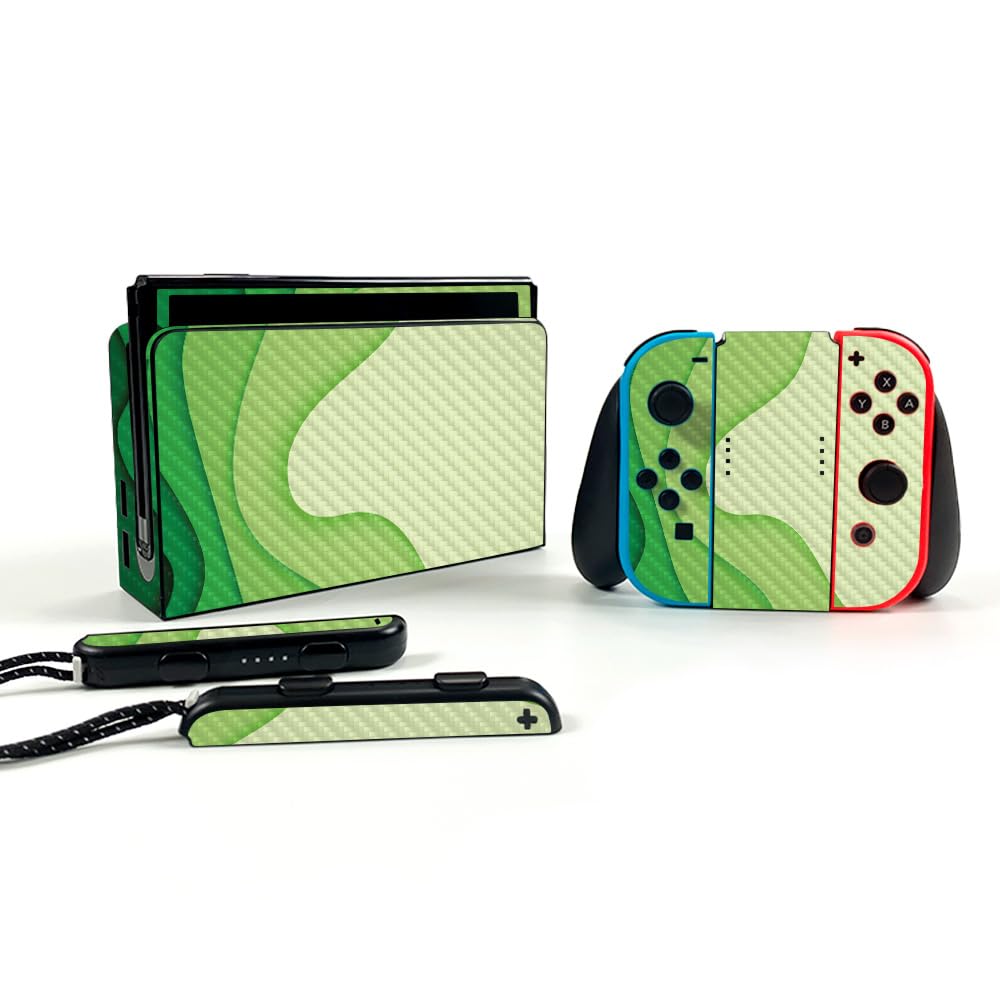 Carbon Fiber Gaming Skin Compatible with Nintendo Switch OLED - Papercraft Green - Premium 3M Vinyl Protective Wrap Decal Cover