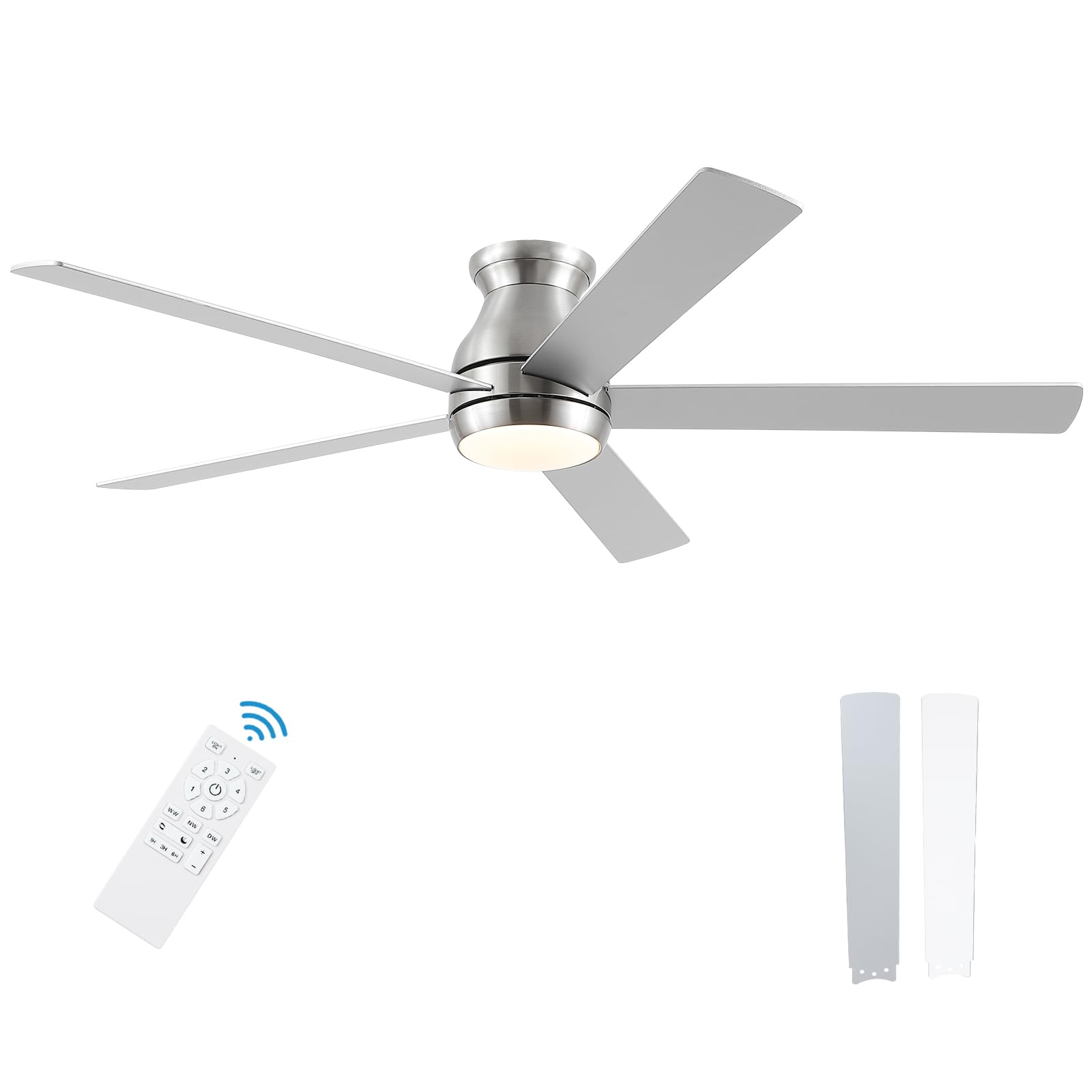 POCHFAN 60 Inch Brushed Nickel Ceiling Fans with Lights and Remote, LED Low Profile Flush Mount Ceiling Fan for Bedroom, Living 