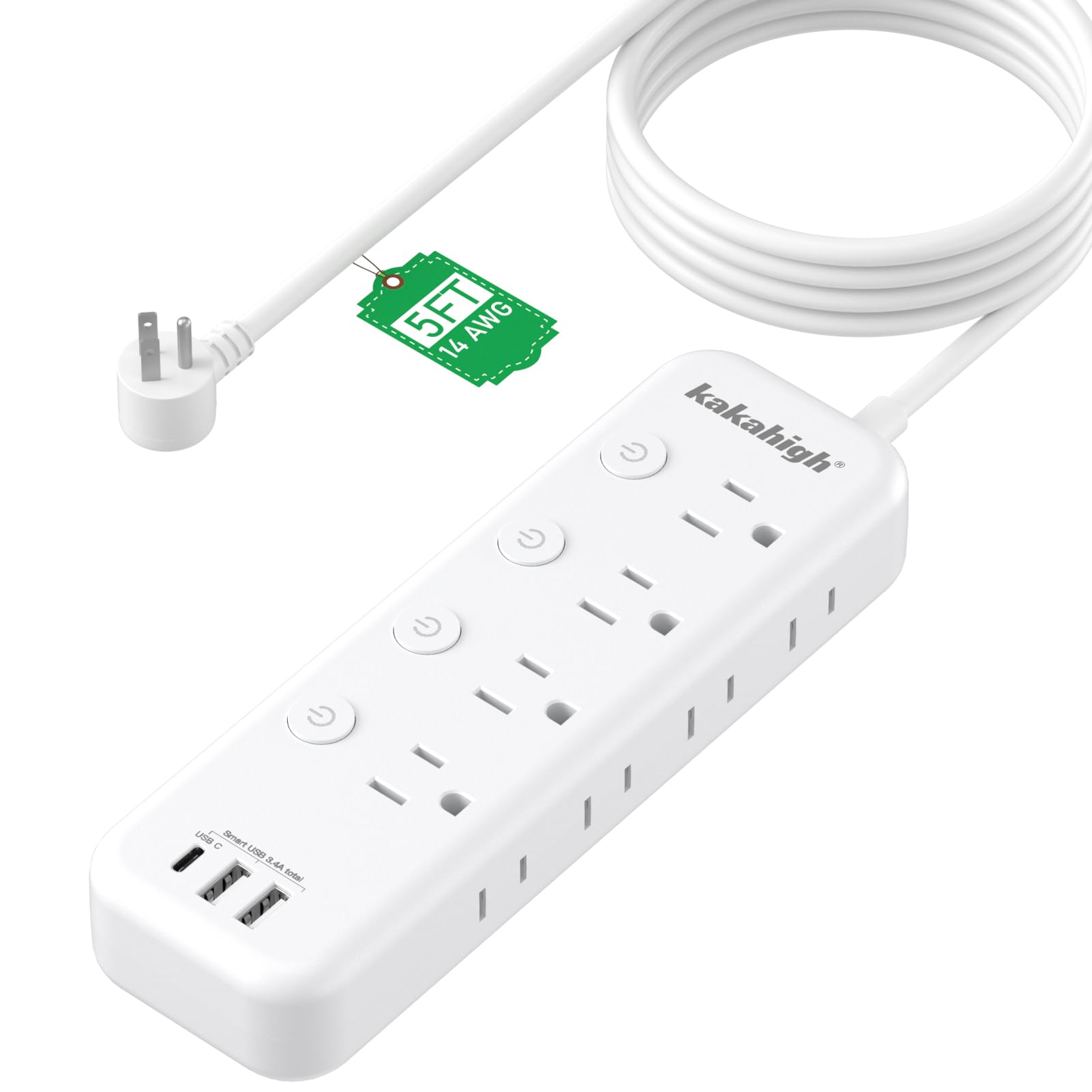 Appliance Extension Cord With Individual Switches On Off   5 Ft, 14 Gauge Heavy Duty Extension Cord With Usb Ports, 8 Outlets, H