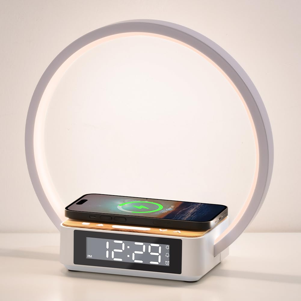 SMARTERIOR Wireless Charging Station with Alarm Clock,Bedside Lamp with Sunrise Wake-Up Light,Wireless Phone Charger,Touch Table