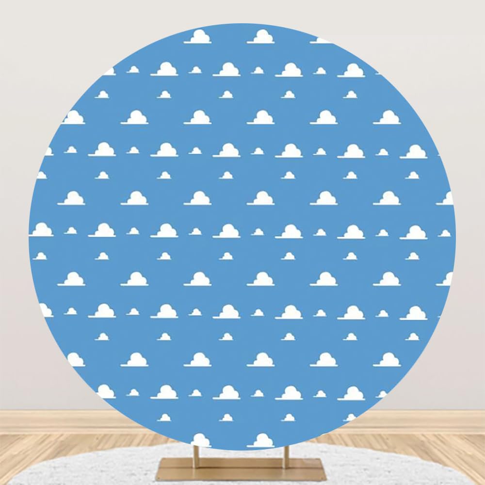Renaiss 6X6Ft Blue Sky White Cloud Round Backdrop Cover Boy Story Cartoon Toy Theme Circle Photography Background Kids Hero Newb