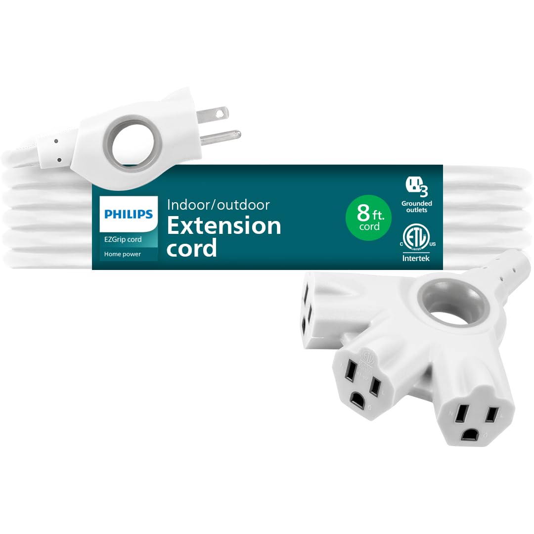 Philips Ezgrip Outdoor Extension Cord With Multiple Outlets, Grounded 3 Prong Cord, Short Extension Cord Indoor With Multiple Ou