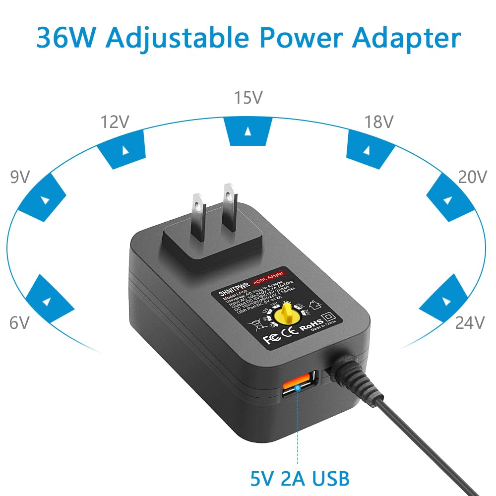 Shnitpwr 36W Adjustable Power Supply Dc 6V~24V Universal Power Adapter 6V 9V 12V 15V 18V 20V 24V Variable Power Supply With 5V 2A Usb Port Ac/Dc Adapter Multi Voltage 100~240V Ac To Dc Power Converter