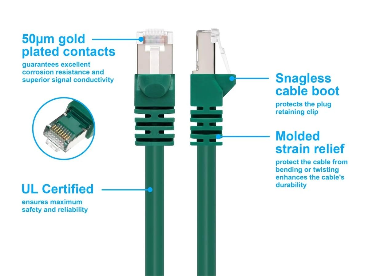 Monoprice Cat6A 10Ft Green Patch Cable Double Shielded (S/Ftp) 26Awg 10G Pure Bare Copper Snagless Rj45 Fullboot Series Ethernet