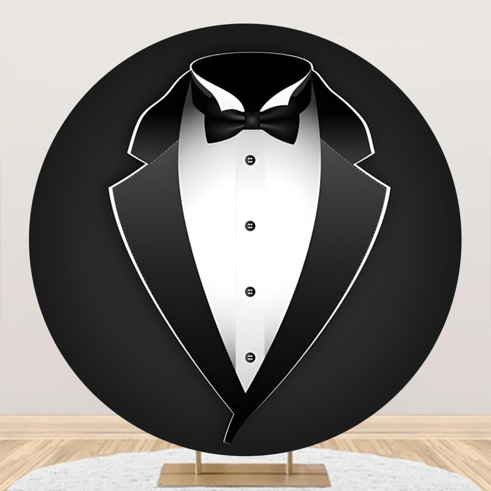 Yongfoto Gentleman Black Tuxedo Round Backdrop Cover 7Ft Black White Bow Tie Suit Photography Background Boy Man Father Bridegro
