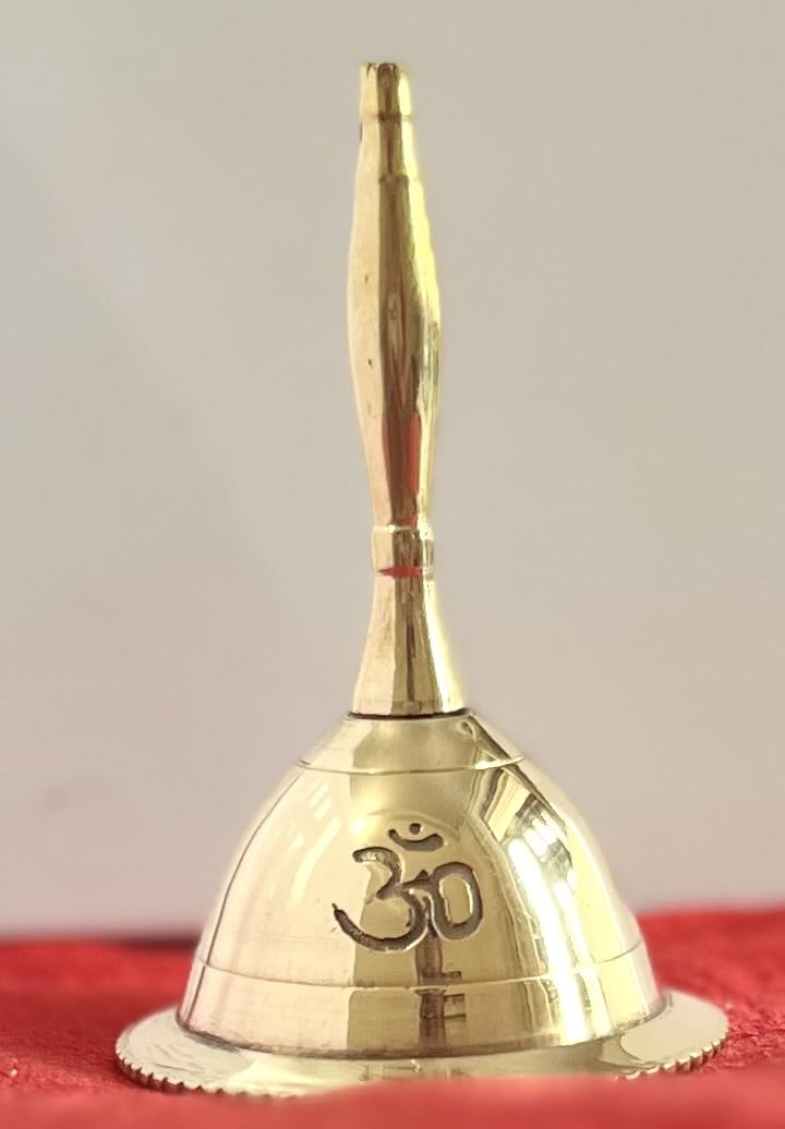 Indian Consigners Hand Bell Loud Brass Call Bells 3 Inches Altar Pendulam Use (Om Gold)