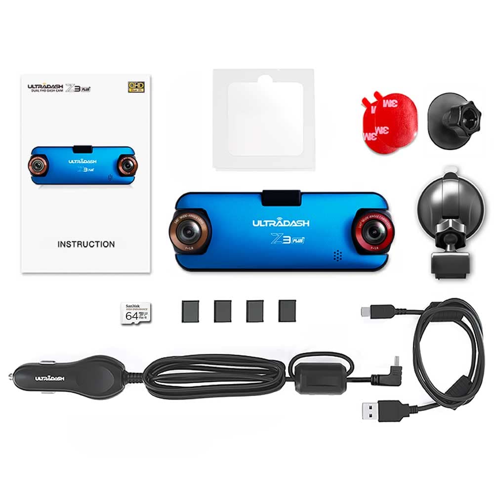 Ultradash Z3+ Commercial Edition + 64Gb Sd Card   Dual Lens Dash Cam+ High Endurance Micro Sd, 2K 1440P, Ir Cabin Lens, 140 Wide