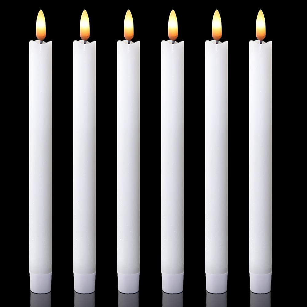 Dromance White Flameless Taper Candles Battery Operated With 6H Timer, Real Wax 3D Wick Flickering Led Taper Candles Dinner Wedd