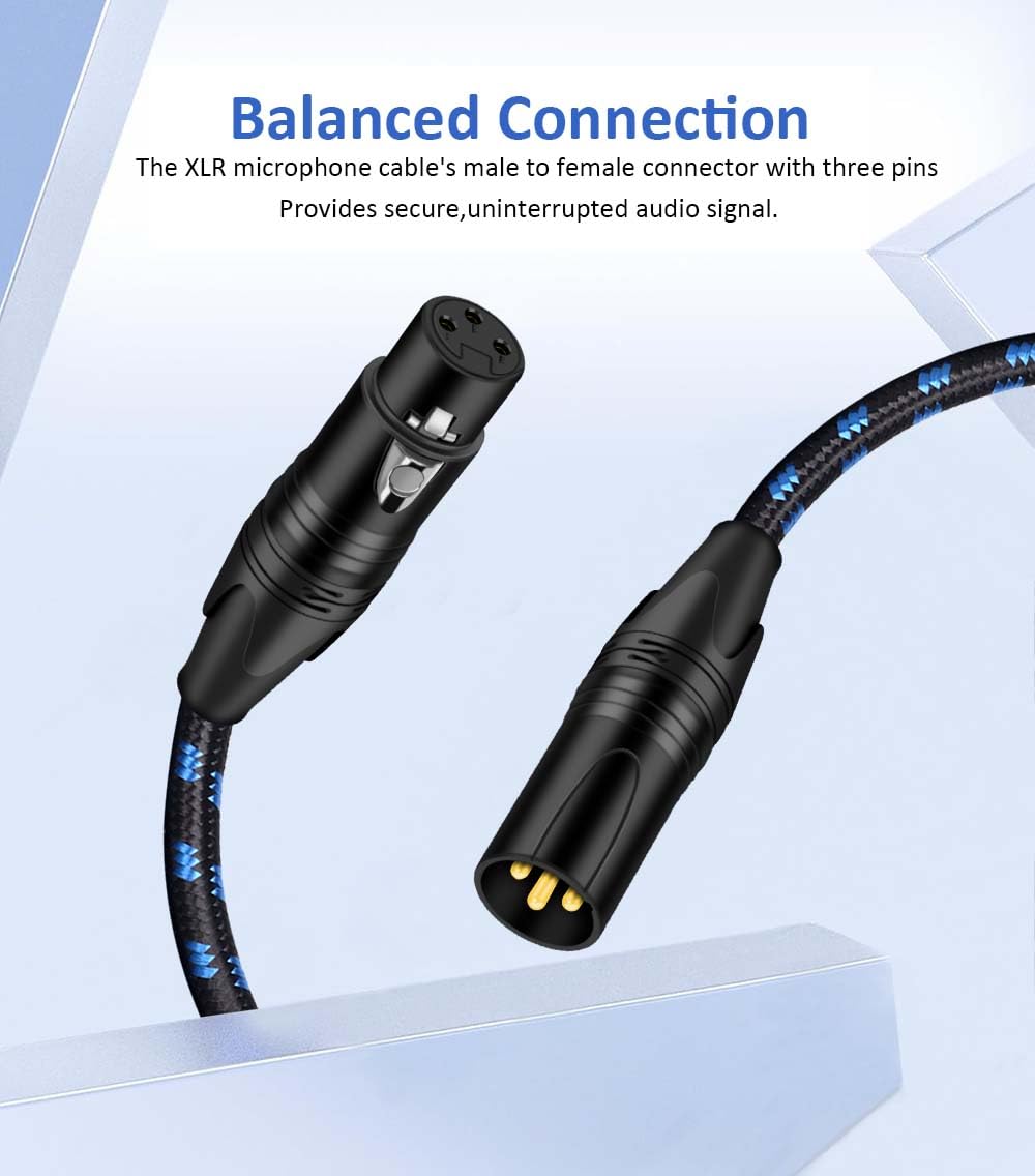 Dremake 50Ft Xlr Mic Cable 3 Pin Xlr Male To Female Microphone Audio Cable, Black Blue Tweed Braided Balanced Dmx Amp Instrument