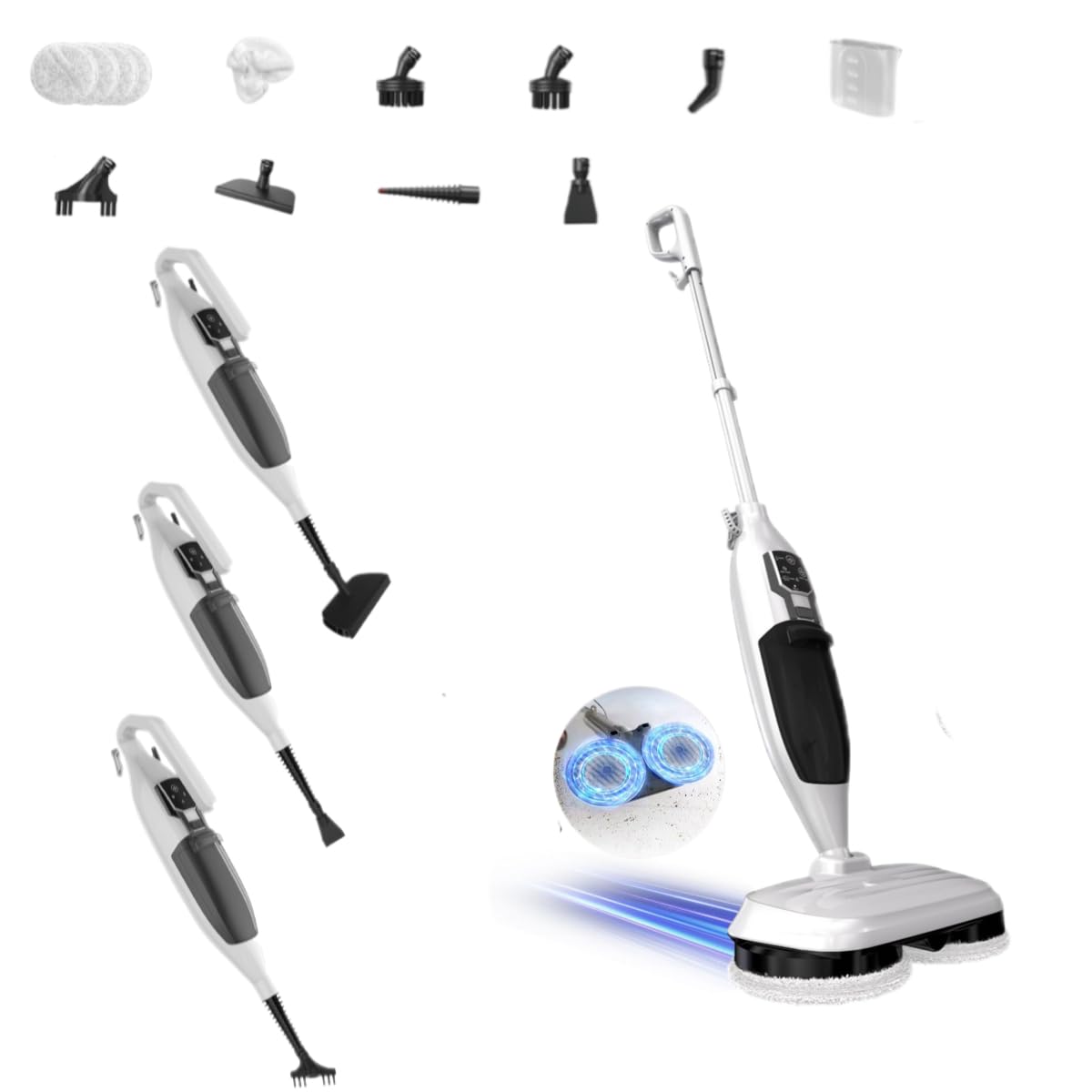PUREBEAR 212F Scrub & Steam Mop, Steam Cleaner With 13 Accessories (White)