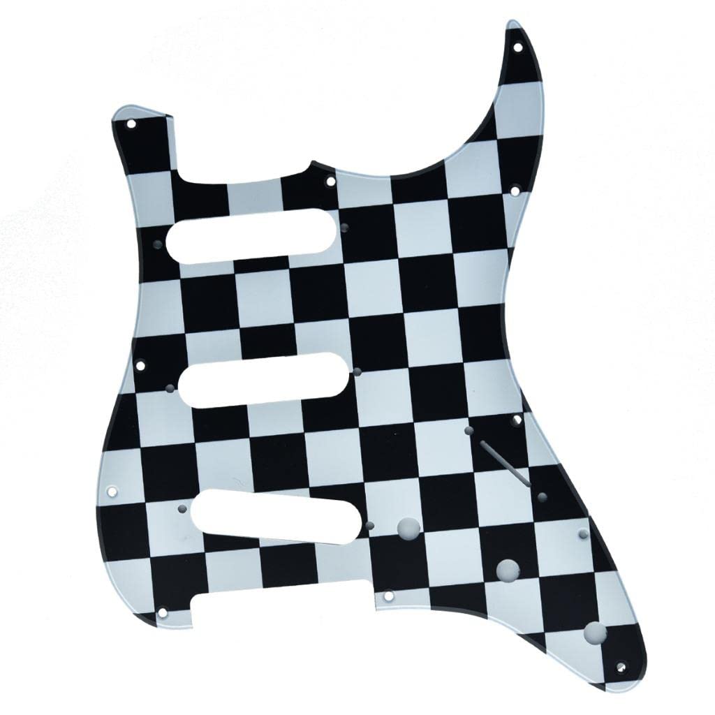 Dopro 11 Hole St/Strat Style Sss Pick Guard For 3 Single Coil Pickups With Screws Black/White Grid