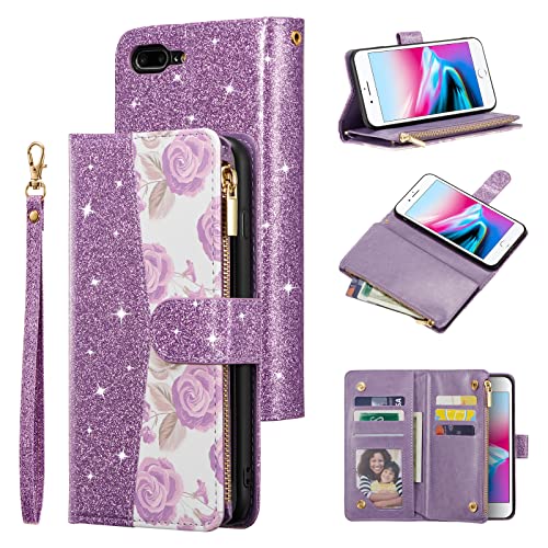 Ueebai Wallet Case For Iphone Se 2022 5G/Iphone 7/Iphone 8/Iphone Se 2020, Glitter Pu Leather Magnetic Zipper Case Kickstand Car