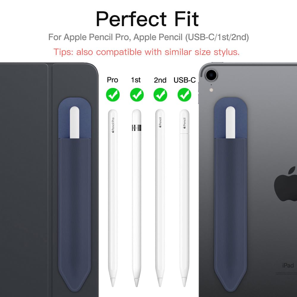 MoKo Pencil Holder Sticker Fit Apple Pencil Pro, Apple Pencil (USB C), Apple Pencil 1st/2nd Generation, Elastic Pencil Pocket Pouch Adhesive Sleeve Attached to iPad Case for Stylus Pens,Indigo