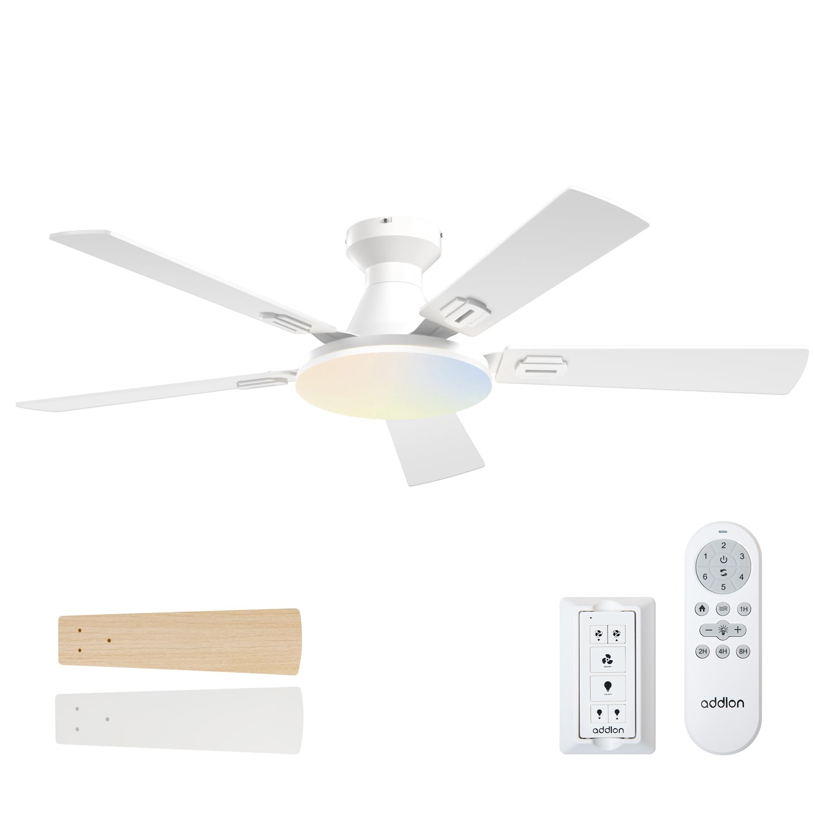 Addlon Ceiling Fans With Lights, 52 Inch Flush Mount Ceiling Fan With Remote Control, Wall Remote, Reversible, 5Cct, Dimmable, N