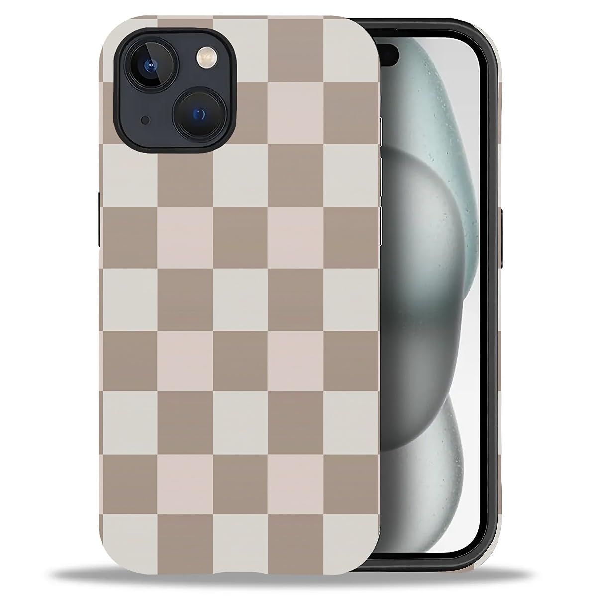 WANKBLC Compatible with iPhone 15 Plus Matte Case, Brown Pink Check Plaid Pattern for Girl Full Body Design Soft Silicone Drop S