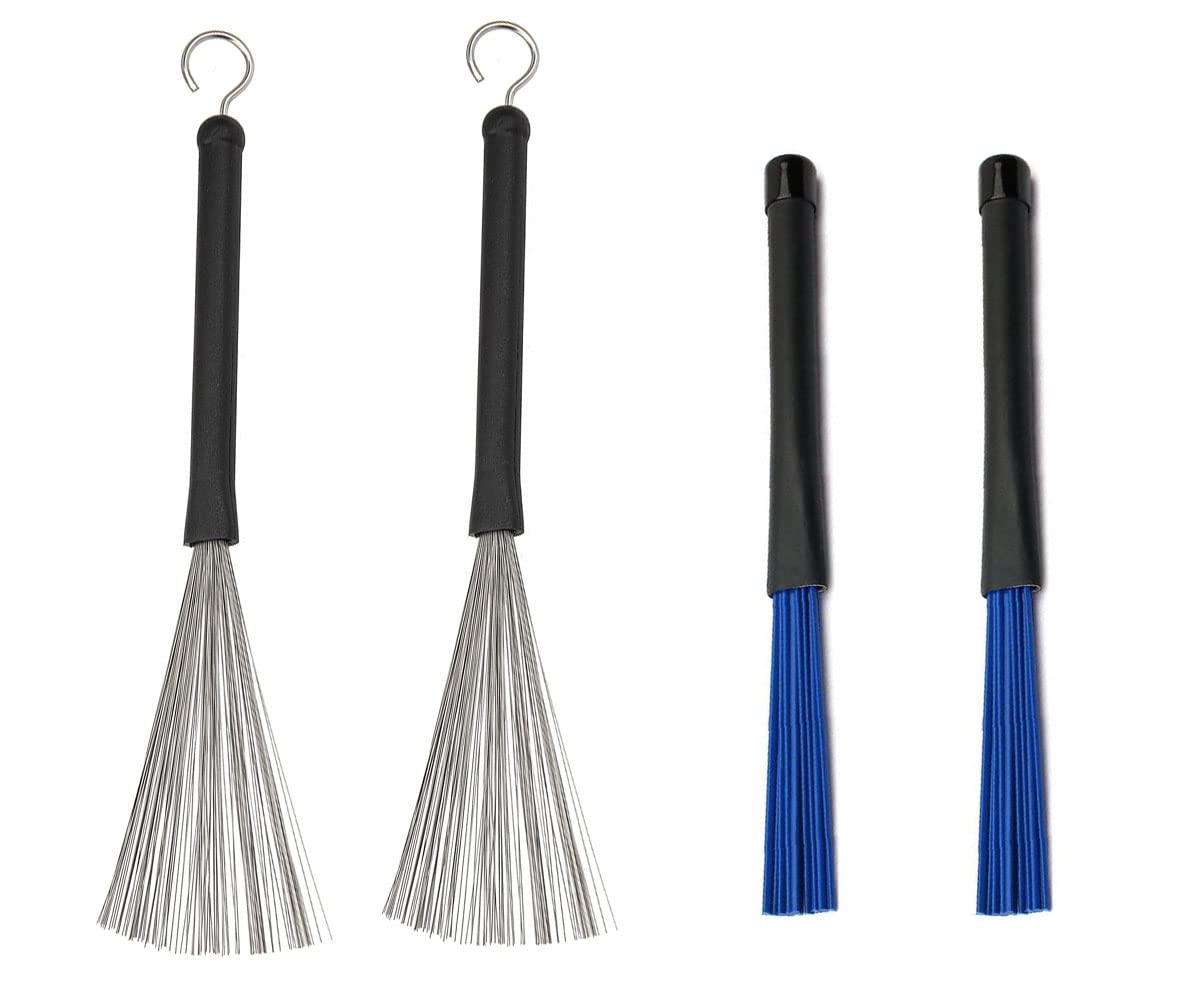 Jiayouy Retractable Drum Brushes Set 1 Pair Drum Wire Brushes and 1 Pair Nylon Brushes set for Cajon Jazz Acoustic Drummer Playi