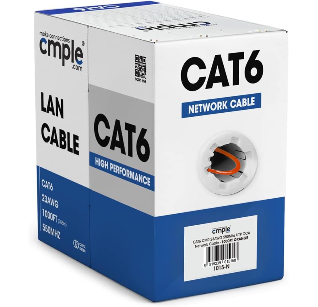 Cmple   Cat6 Cable 1000Ft Bulk Lan Ethernet Cat 6 Wire Network Utp 23Awg Cmr Riser 10Gbps 550 Mhz Pull Box 1000 Feet   Orange