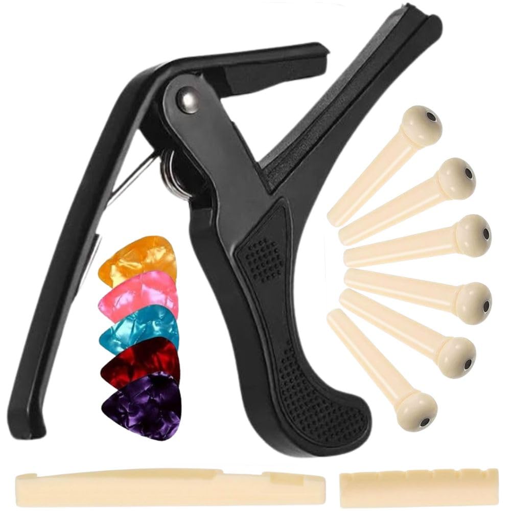 Flare Capo & Acoustic Guitar Hardware Kit White | Trigger Capo + Nut, Saddle, Bridge Pins + 5 Colorful Picks | BuzzFree, Stylis