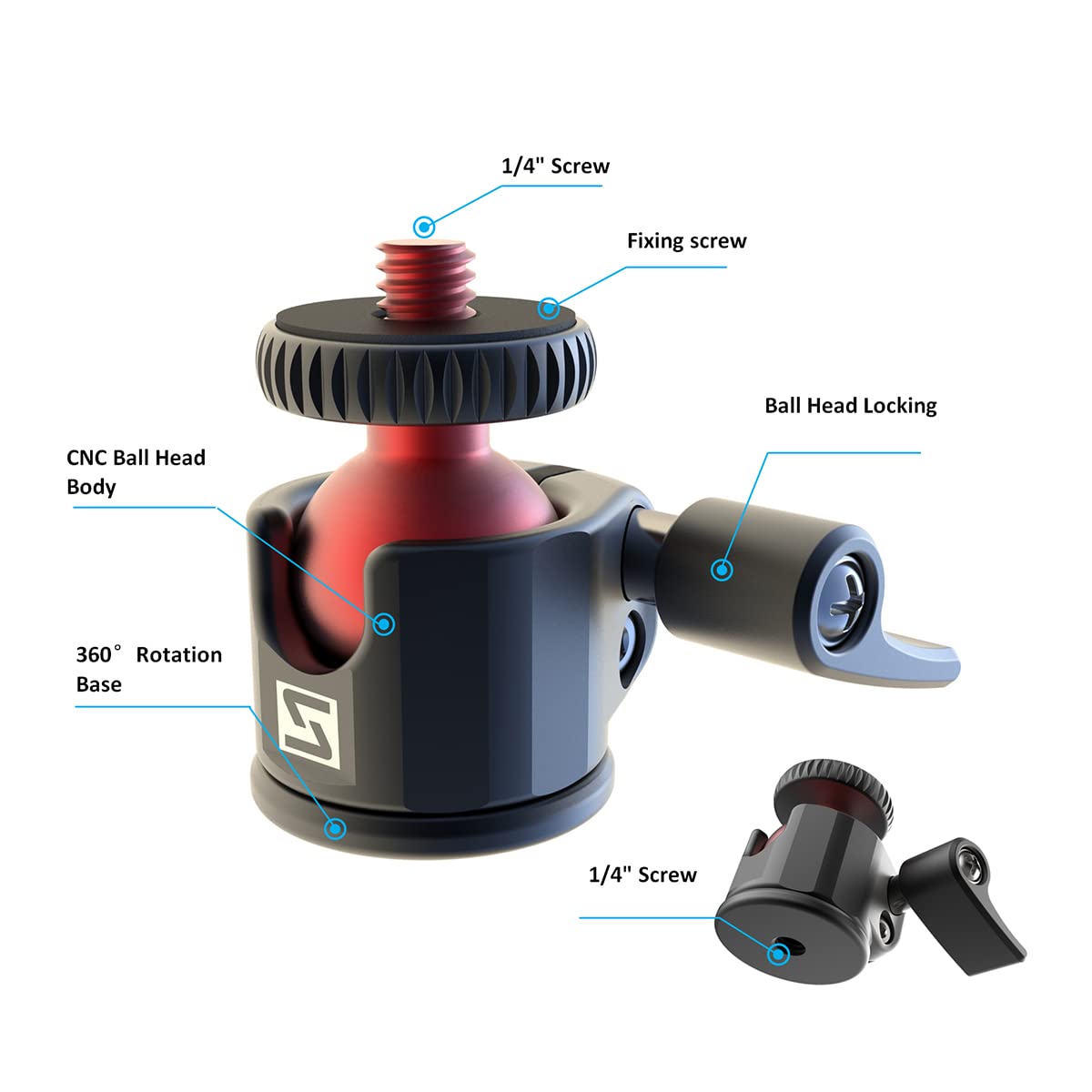 Sioti Mini Ball Head Mount Adapter, +Hot Shoe Mount, Compatible With Digital Card Camera/Microphone/Smart Phone/Action Camera/Flash/Lcd (Mini Ball Head Um18)