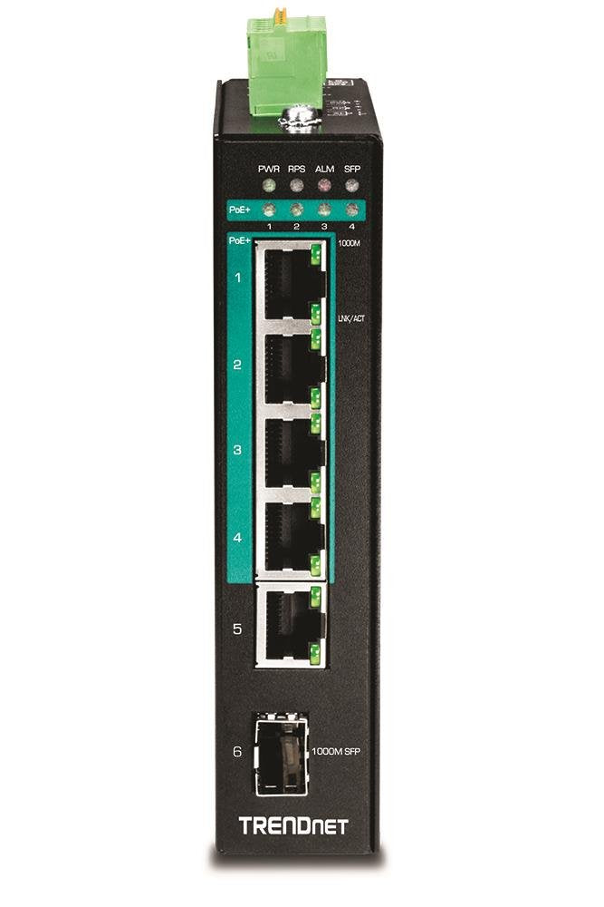 Trendnet 5 Port Hardened Industrial Gigabit Poe+ Din Rail Switch, 120W Power Budget, 1 X Sfp Slot, Ip30 Rated, Unmanaged Switch,