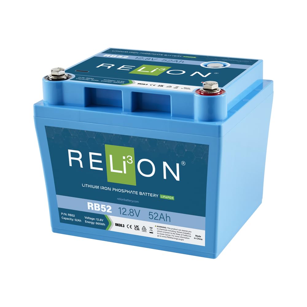 Relion Rb52 | 12V 52Ah Lifepo4 Lithium-Ion Battery | 3500~5000 Cycles | Built-In Bms | Waterproof (Ip67 Rating)| 10 Year Warrant