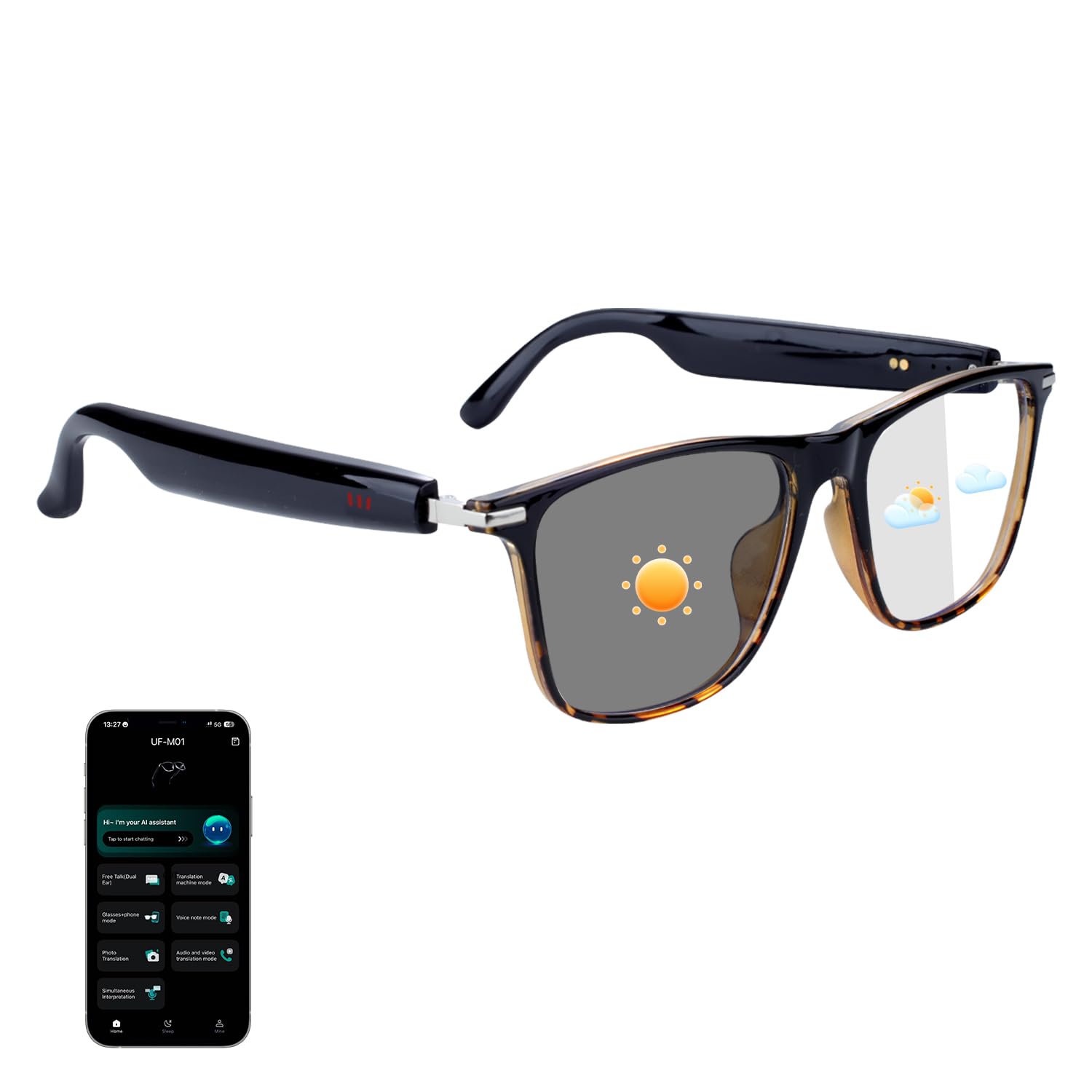 HAIXINDA Al Smart Glasses for Men Women - Bluetooth Translation Glasses with 164 Languages, Color-Change Lens, Music & Call, Wat
