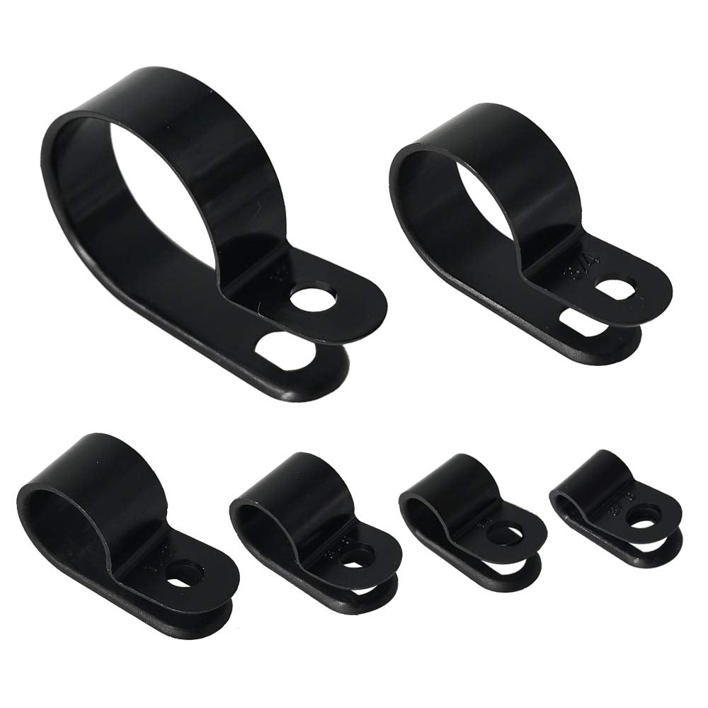 Alamic Cable Clamp 200 Pcs Black Nylon Screws Plastic R Type Cable Clamp Clips Fasteners Assortment For Cable Conduit 6 Sizes 3/