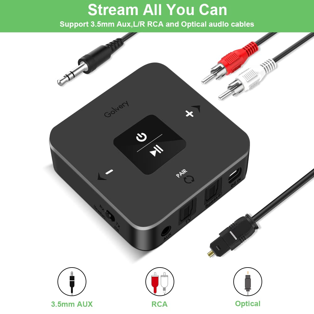 Golvery Bluetooth 5.0 Transmitter Receiver For Tv, 2 In 1 Bluetooth Aux Adapter For Pc/Dvd/Mp3/Car/Home Stereo/Speaker/Gym, Optical/Rca/Aux Connection, 25 Hours Playtime, Pair 2 Devices Simultaneously