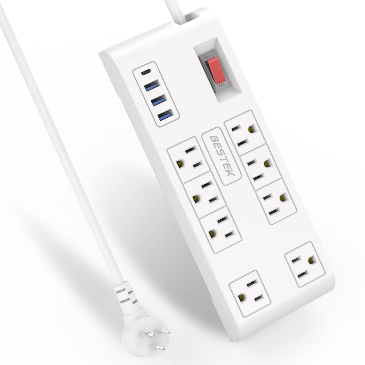 Bestek 8 Ac Outlet, 12 Feet Extension Cord Power Strip With 3 Usb A 2.4A 1Usb C 3A, Max Output 1625W 13A, 600Joule, Ultra Compac