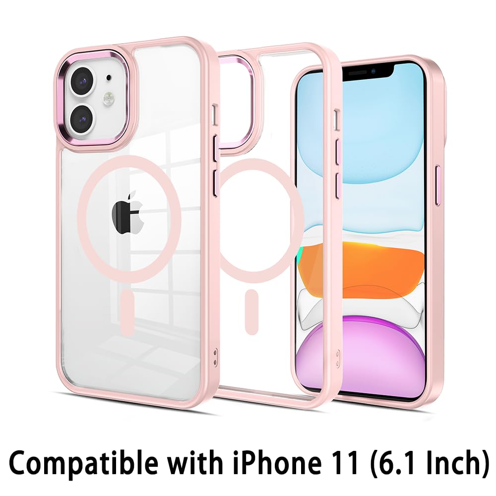 Magnetic For Iphone 11 Case,Compatible With Magsafe, Military Grade Drop Tested, Shockproof Clear Hard Back Slim Case   Pink