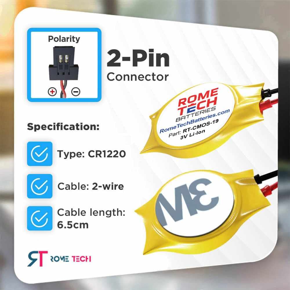 Rome Tech Cr1220W Cmos Battery For Medion Akoya P2212T S2218 Md99595   Laptop Backup Bios Rtc 3V Cr 1220 Battery With 2 Wire Cable Fi Connector (1 Pack)