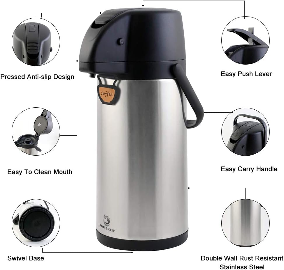 Tomakeit Airpot Coffee Dispenser Thermal With Pump,3L/102 Oz Insulated Stainless Steel Large Airpot Coffee Carafe Lever Action F