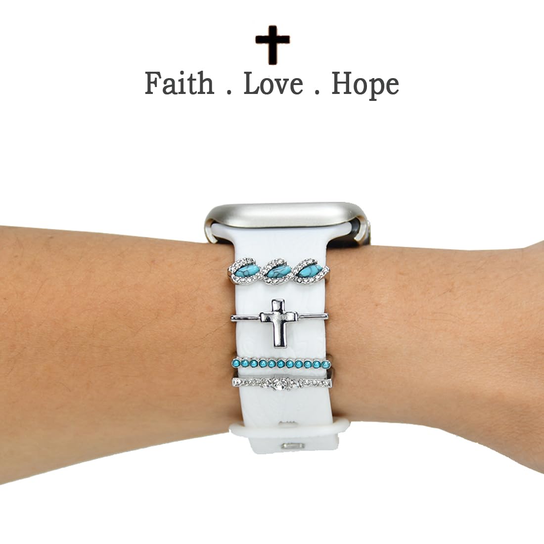 Sunoreek Silver Cross Watch Band Charms For Apple Women - Iwatch Bands Charms, Western Turquoise Decorative Rings Loops For Appl