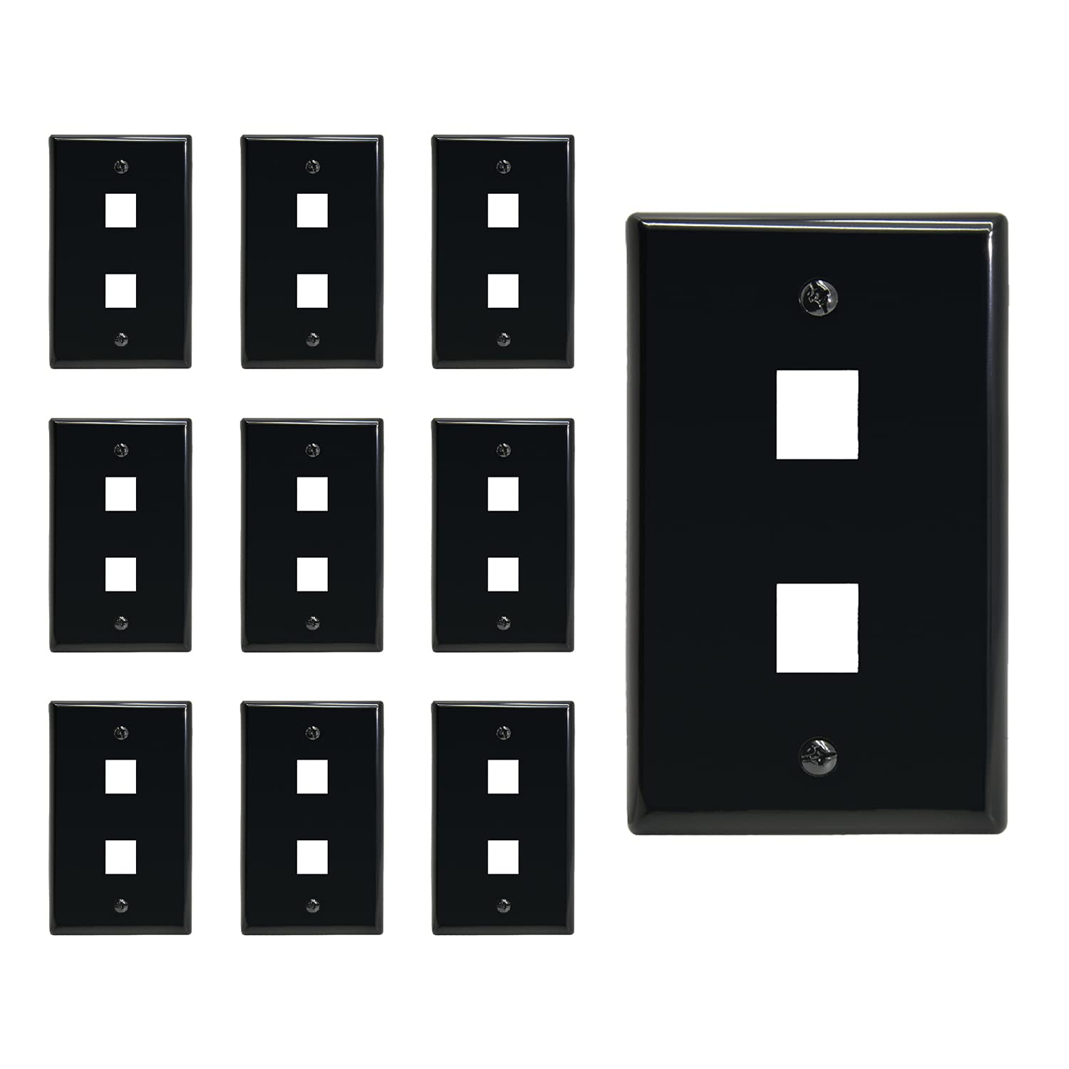 Beszin 2 Port Keystone Jack Wall Plate With Smooth Face (10 Pack, Black)