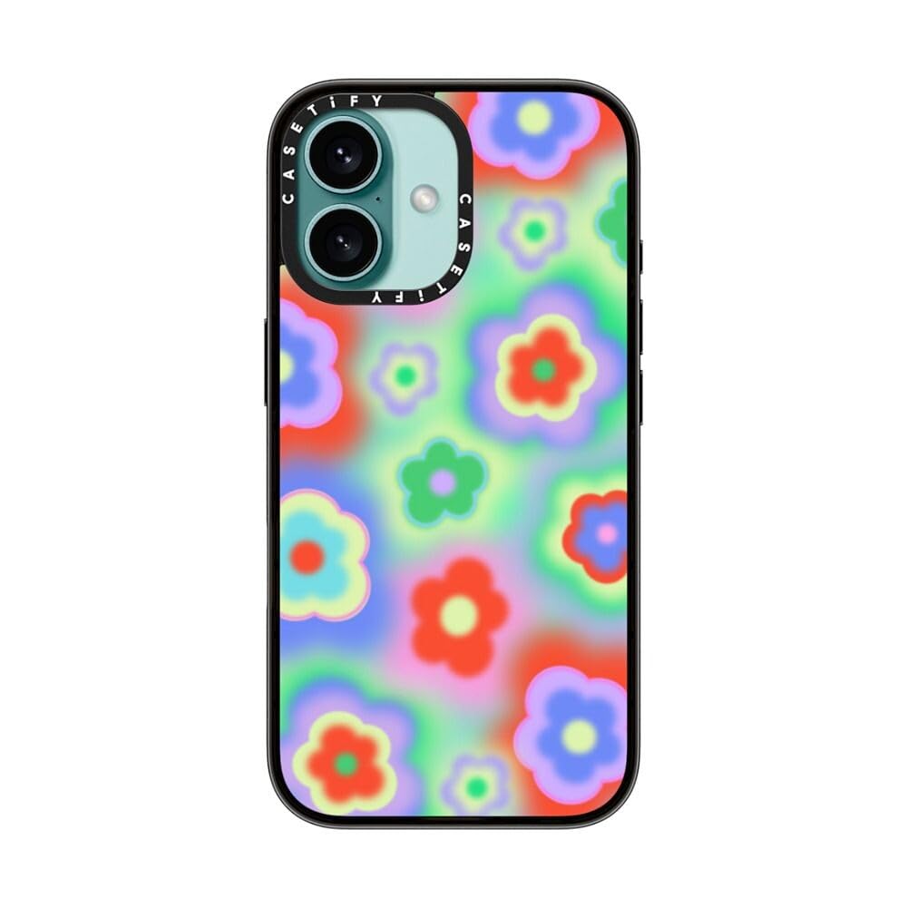 Casetify Compact Case For Iphone 16 [Lightweight / 4 Ft. 2X Military Grade Drop Protection/Slim]   Acid Flowers   Clear Black