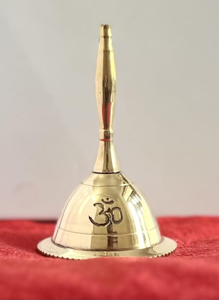 Indian Consigners Hand Bell Loud Brass Call Bells 3 Inches Altar Pendulam Use (Om Gold)