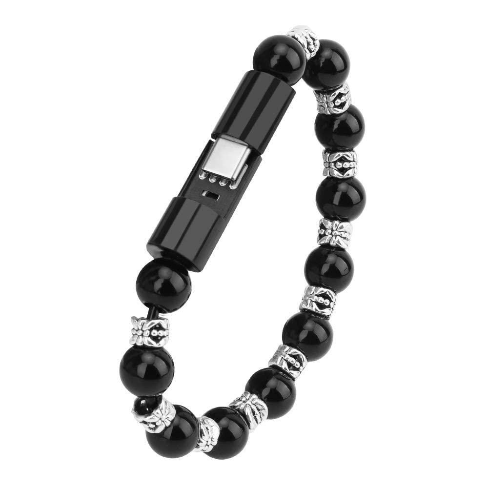 Charging Bracelets Cable Charger Cord Fashion Prayer Beads Wrist Line Black (For Type C)