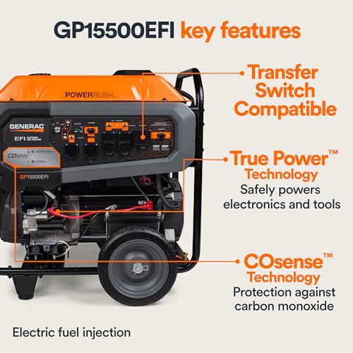 Generac 7705 Gp15500Efi 15,500 Watt Gas Powered Portable Generator   Powerful Electronic Fuel Injection Engine   Cosense Technol