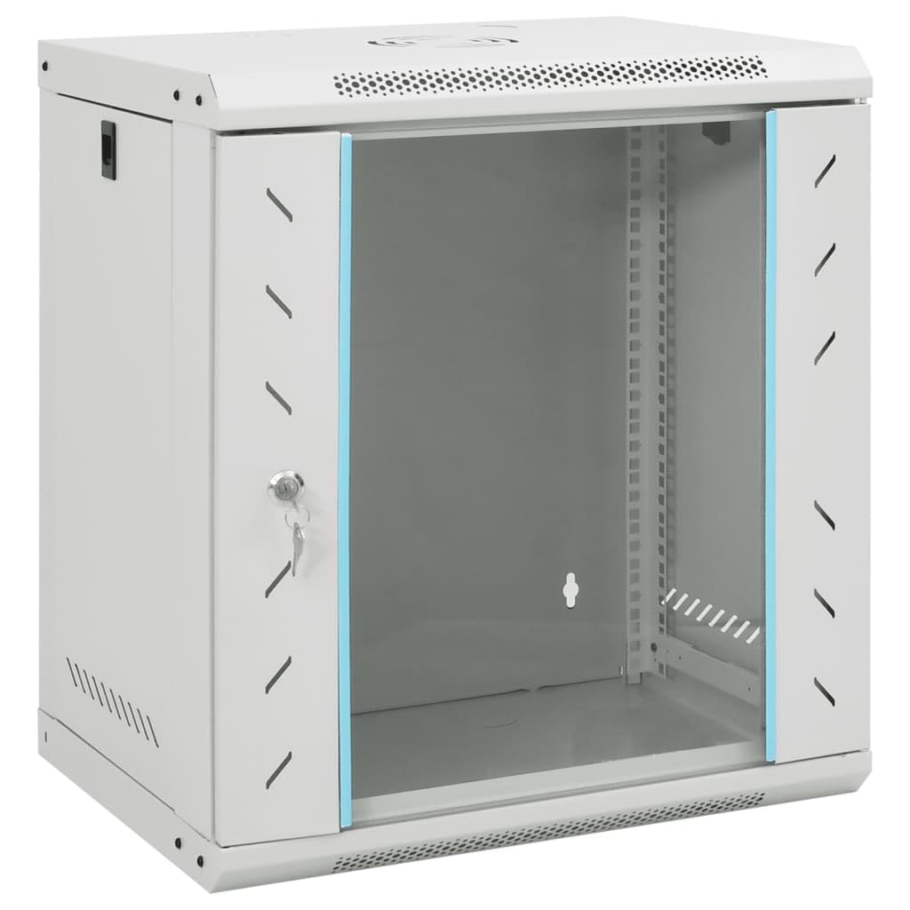 vidaXL 12U Wall Mounted Network Cabinet - 19' IP20, Gray, 20.9'x15.7'x23.6', Cold-Rolled Steel, Lockable, Removable Side Panels