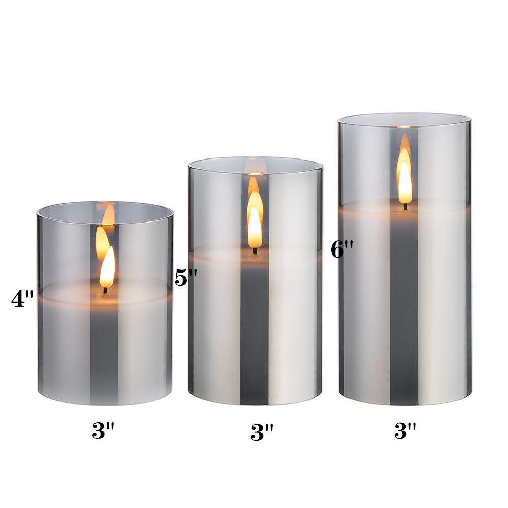 Eywamage Grey Glass Flameless Candles With Remote Battery Operated Flickering Led Pillar Candles Real Wax Wick F 3'' H 4'' 5'' 6