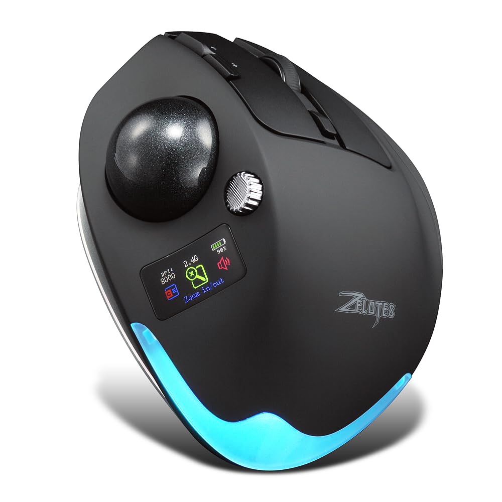 zelotes Wireless Trackball Mouse with Display,Ergonomic Bluetooth Mouse,Rechargeable,4800 DPI, 3in1(BT +2.4GHz USB Receiver+Ty