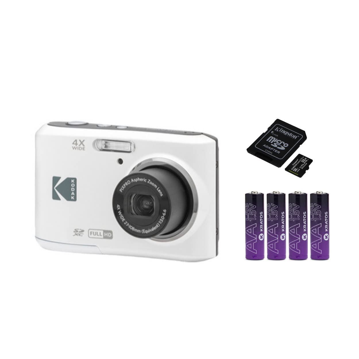 Kodak Pixpro Fz45 Friendly Zoom Digital Camera (White) Bundle With 32Gb Sd Card And Aa Batteries (4 Pack) (3 Items)