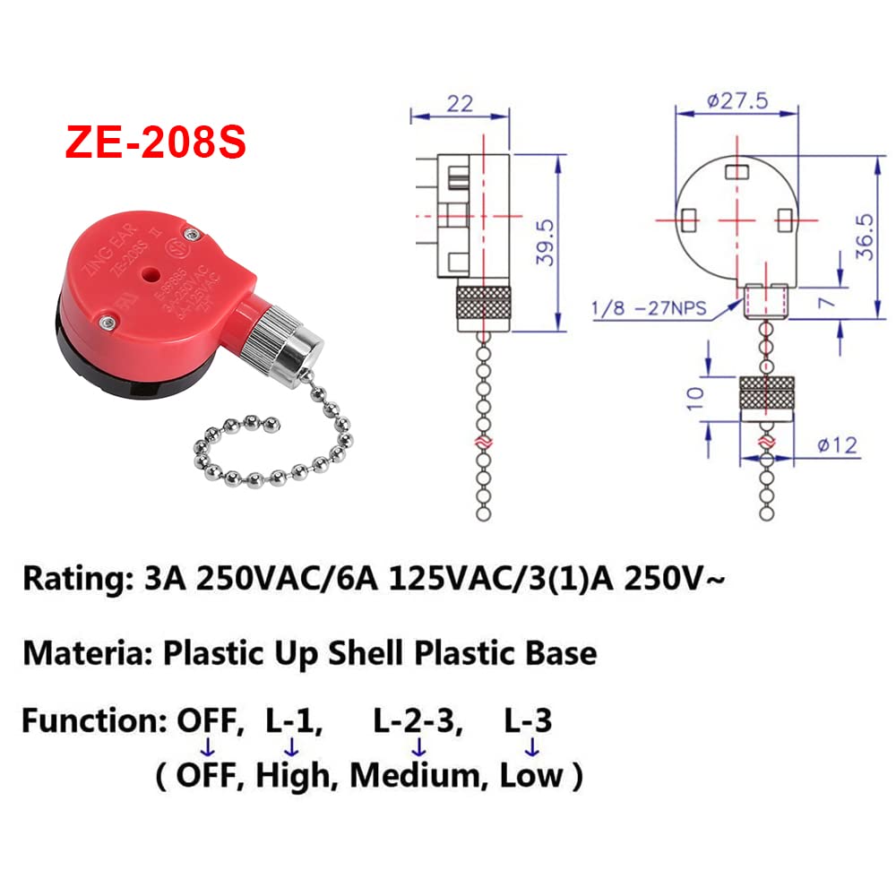 Zing Ear Ze 208S Pull Chain Switch,3 Speed Control Switch Compatible With Hunter Ceiling Fans, Lamps And Wall Lights (Nickel Pul