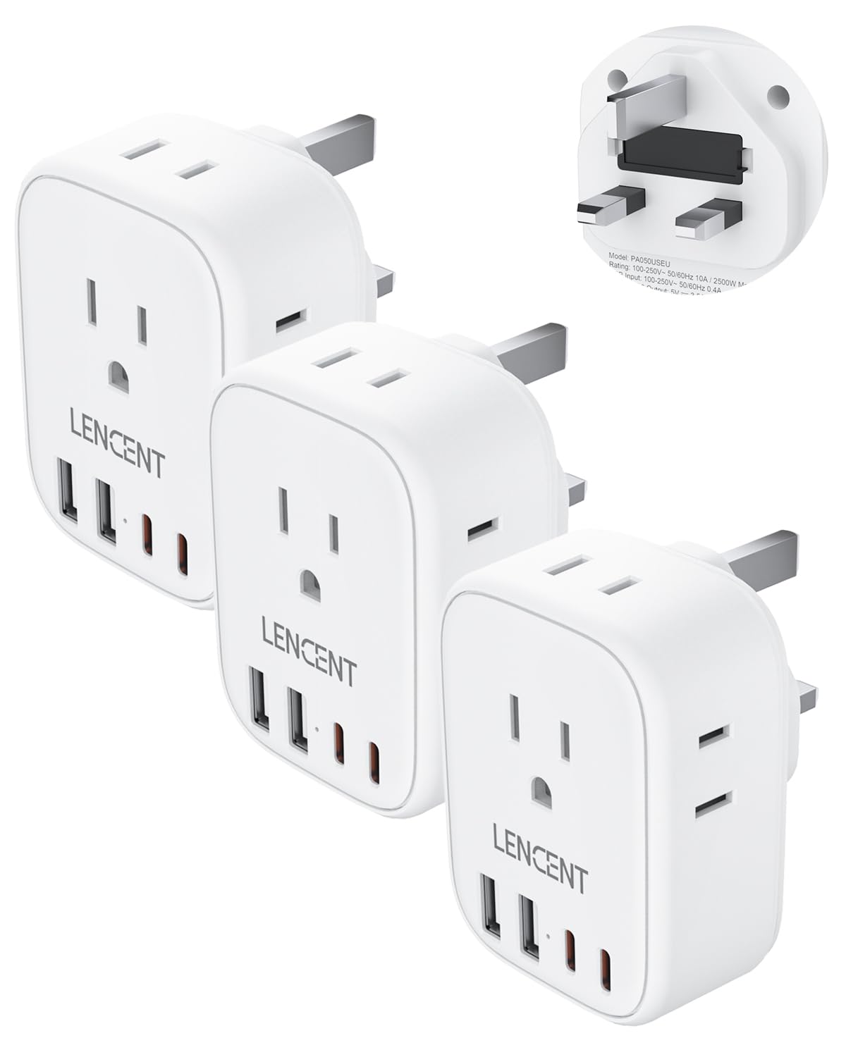 Lencent 3 Pack Us To Uk Ireland Travel Plug Adapter, Grounded Type G Outlet Adaptor With 4 Usb Charger(2 Usb C), 4 Outlets Conve